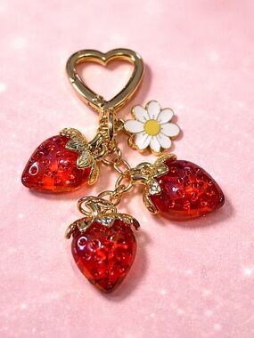 Gold Heart Keyring with Red Strawberry Charms & Daisy